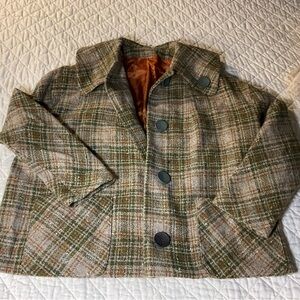 50s-70s Elegant Plaid Pea Coat in Green and Brown
